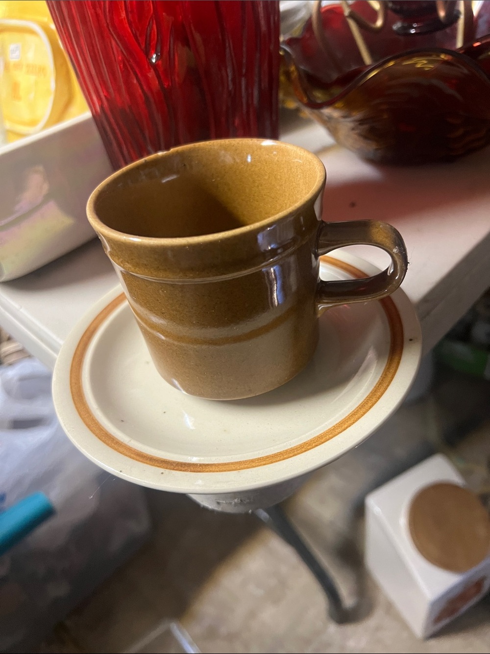 Classic Brown Glazed Ceramic Coffee Cup and Saucer